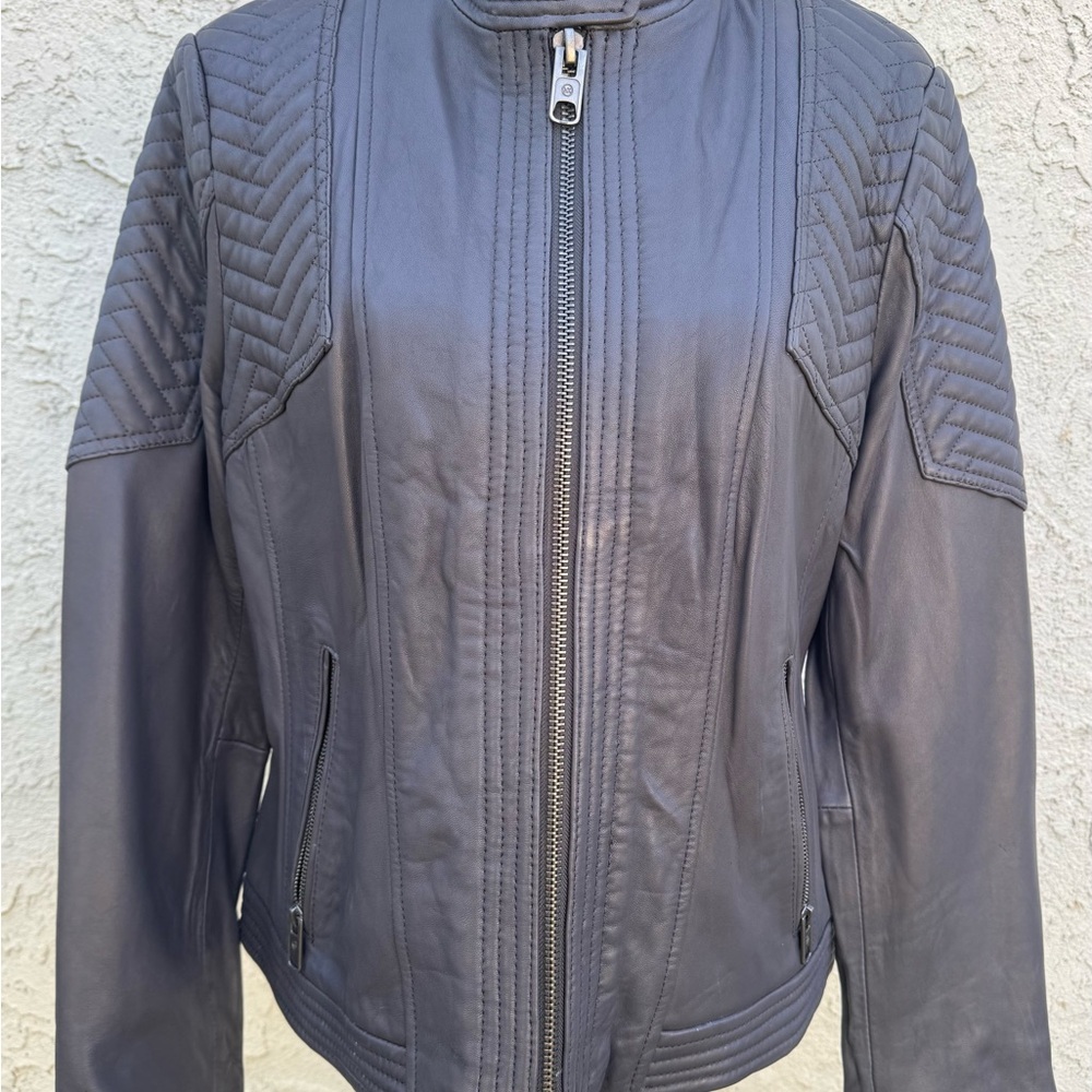 Michael Kors Black Leather Moto Jacket with Quilted Design